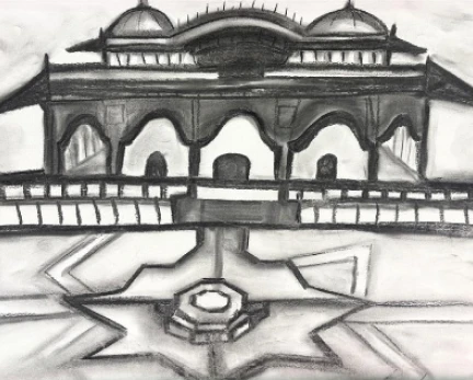 Charcoal drawing of a traditional palace structure with dome architecture