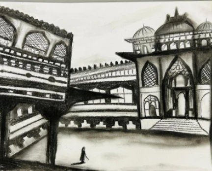 Architectural interior conceptual sketch showing tree like pillars and arches