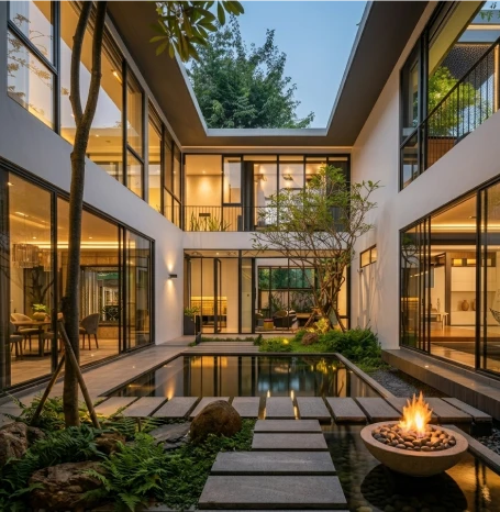 Modern courtyard house design with central swimming pool and fire pit