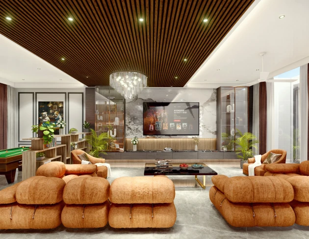 Luxury living room interior design with wooden ceiling