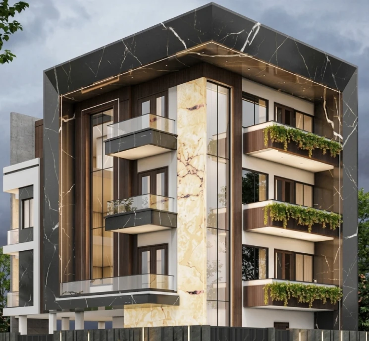 Modern residential building elevation with black marble facade