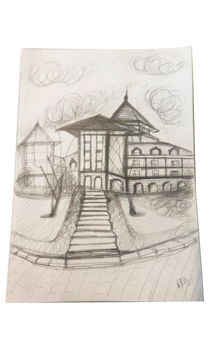 Pencil sketch of a resort concept design with stone steps