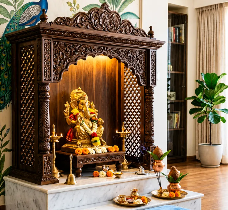Wooden mandir design with a golden Lord Ganesha idol for home interior